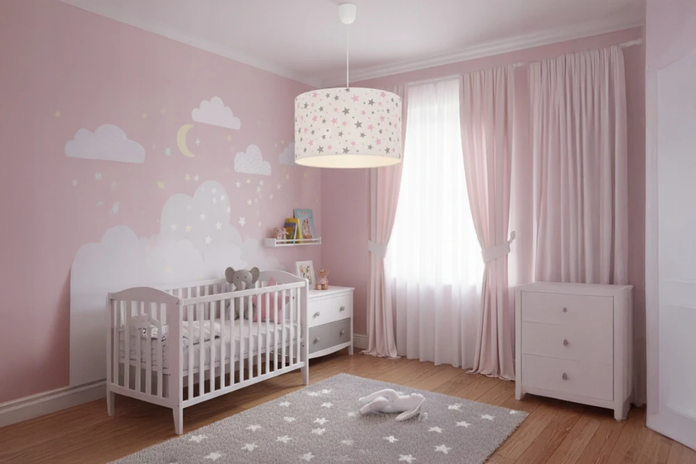 Light Home LAMPA WISZĄCA SUFITOWA DZIECIĘCA ŻYRANDOL Z ABAŻUREM Baltas RÓŻOWE GWIAZDKI