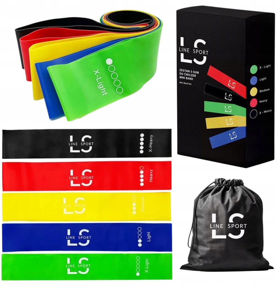 Line Sport Pasipriešinimo gumos, 5 vnt. jėgos juostų rinkinys treniruotėms, fitnesui ir reabilitacijai 30 cm x 50 mm, įvairių spalvų