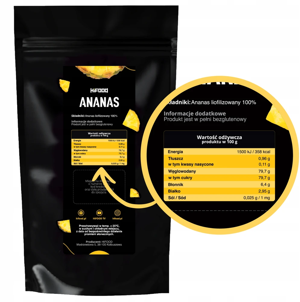 Liofilizuoti ananasų vaisiai 100 g Traškūs Švieži Be priedų Vaisiai HiFood