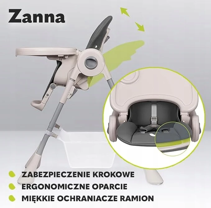 Lionelo Zanna maitinimo kėdutė, pilka, sulankstoma, 5 taškų diržai