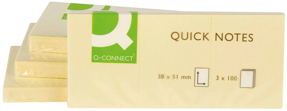 Trys geltoni Q-Connect lipnūs lapeliai iš pakuotės