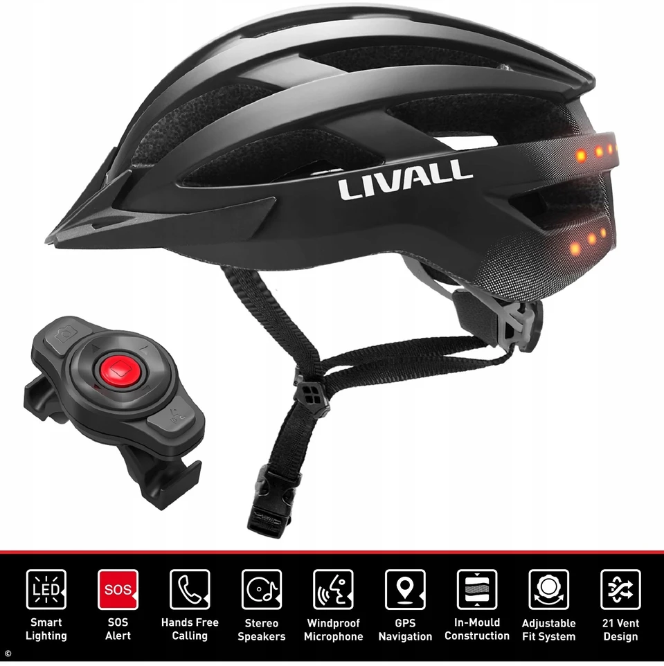 Livall MTB dviračio šalmas su „Bluetooth“ ir „58-62cm“ LED/SOS/interkomu, juodas
