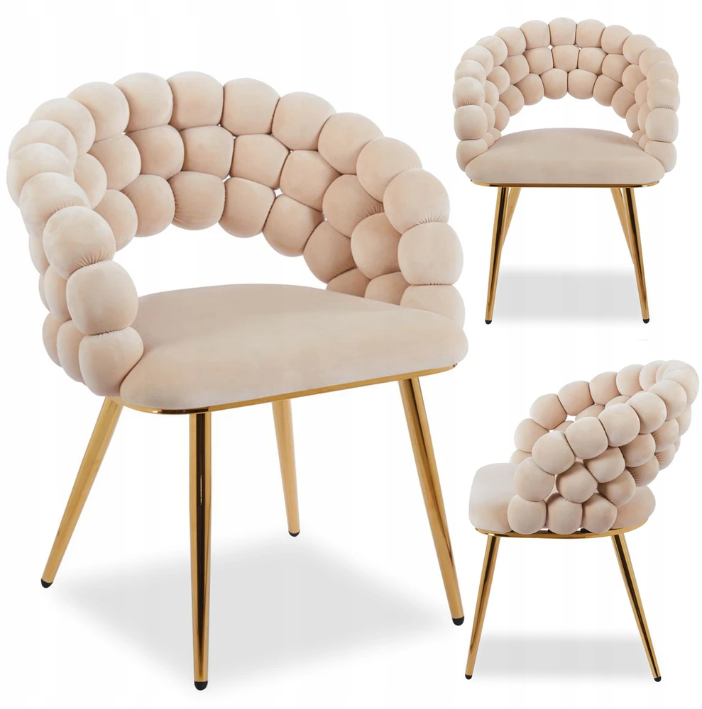 Livio Meble BEIGE PUFFY BEIGE VALGOMO KĖDĖ SU AUKSO VELIŪRO KOJĖLĖMIS