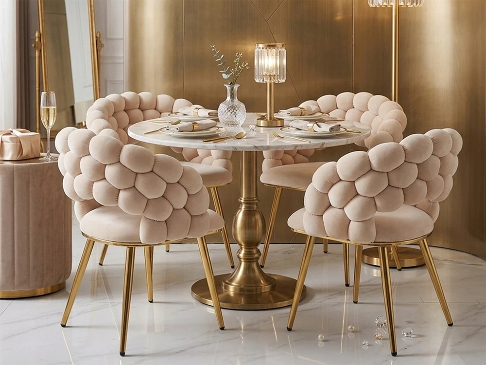Livio Meble BEIGE PUFFY BEIGE VALGOMO KĖDĖ SU AUKSO VELIŪRO KOJĖLĖMIS