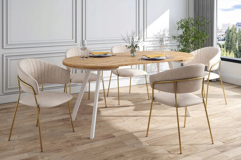 Livio Meble FLORI BEIGE VELVET VALGOMO KĖDĖ ANT AUKSINIŲ KOJŲ