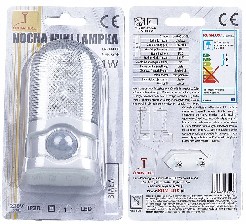 LN-09 Lampka nocna LED do kontaktu su judesio jutikliu i zmierzchu RUM-LUX
