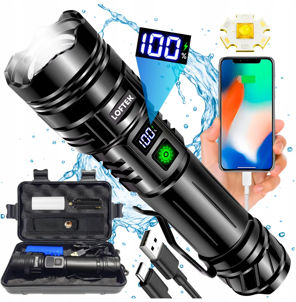 Loftek 20 000 liumenų LED žibintuvėlis, PAKRAUJAMAS, GALINGAS, PAIEŠKA, MASTINIS, USB, ATSPIRUS vandeniui