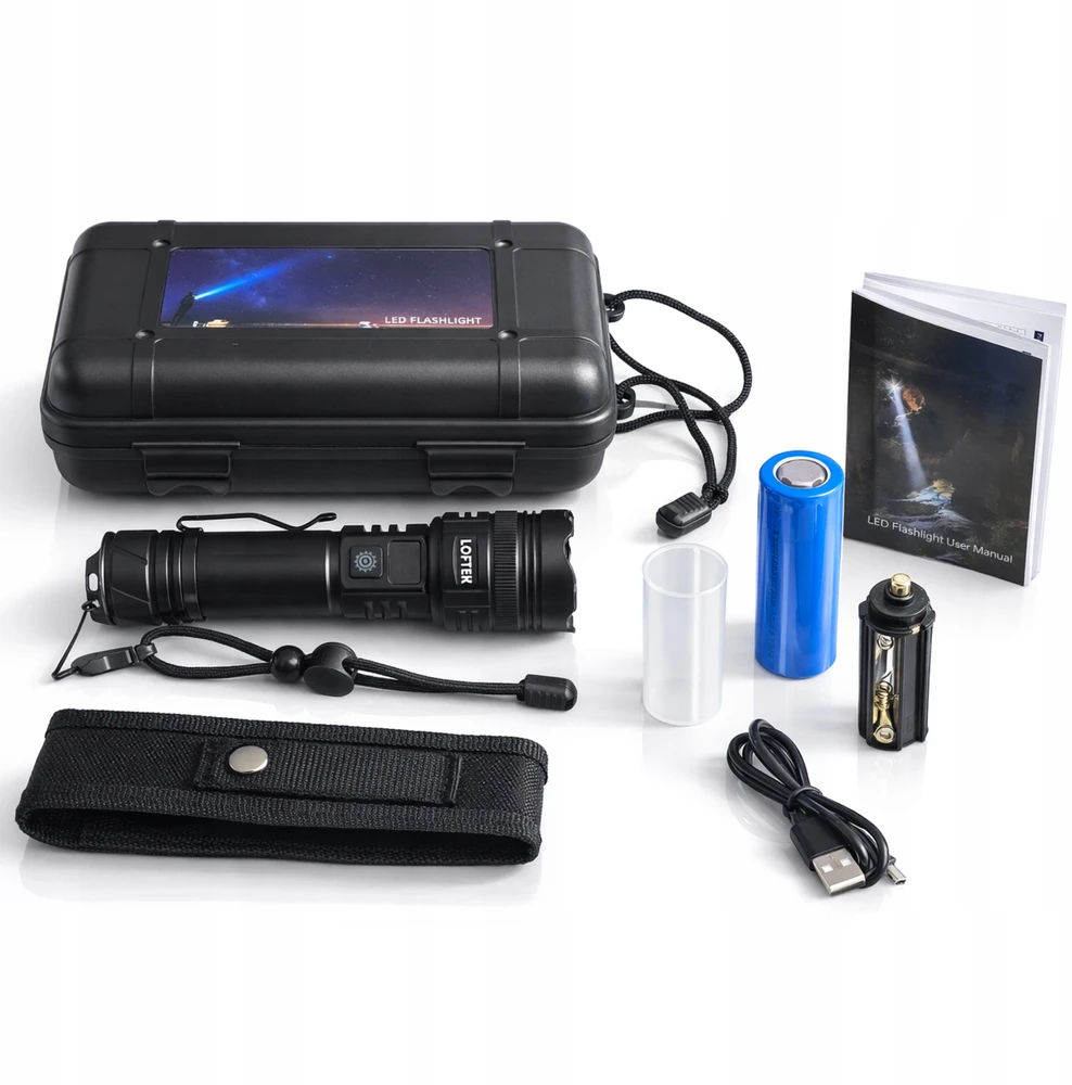 Loftek 20 000 liumenų LED žibintuvėlis, PAKRAUJAMAS, GALINGAS, PAIEŠKA, MASTINIS, USB, ATSPIRUS vandeniui