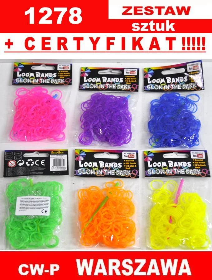 Loom Bands Glow in the Dark guminės juostos, skirtos APYRANKĖMS, rinkinyje 1278 vnt. 6 spalvos