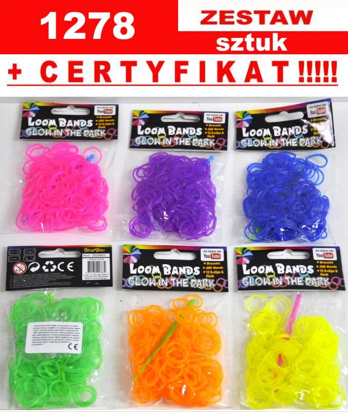 Loom Bands Glow in the Dark guminės juostos, skirtos APYRANKĖMS, rinkinyje 1278 vnt. 6 spalvos
