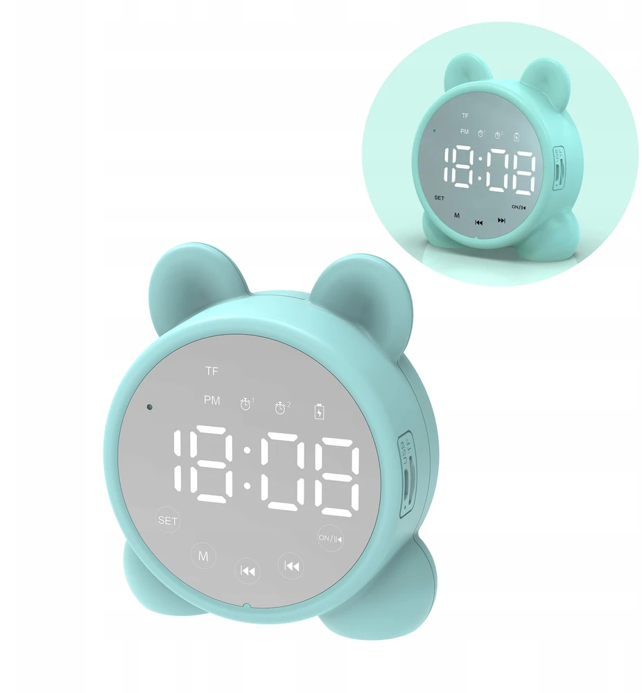 Lova Nest BUDZIK Laikrodis LED Radijas Garsiakalbis BLUETOOTH BT LUSTERKO KOTEK JASNOZIELONY
