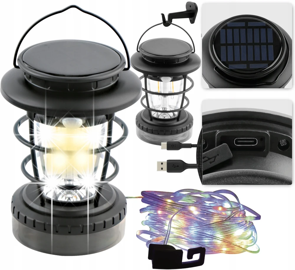 LTC SOLAR CAMPING LAMP GARDEN GARLAND LED USB DUSK JUDĖJIMO JETUVAS