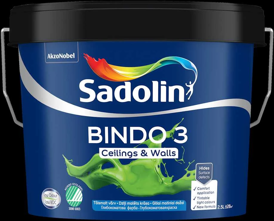 Lubų dažai SADOLIN BINDO 3, visiškai matiniai, baltos sp., BW bazė, 1 l