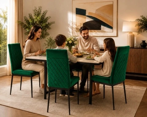 Lugano 4 MINŠTŲ ŽALIŲ VELIURINIŲ DYGINIŲ KĖDŽIŲ RINKINYS VIRTUVĖS SVETAINEI