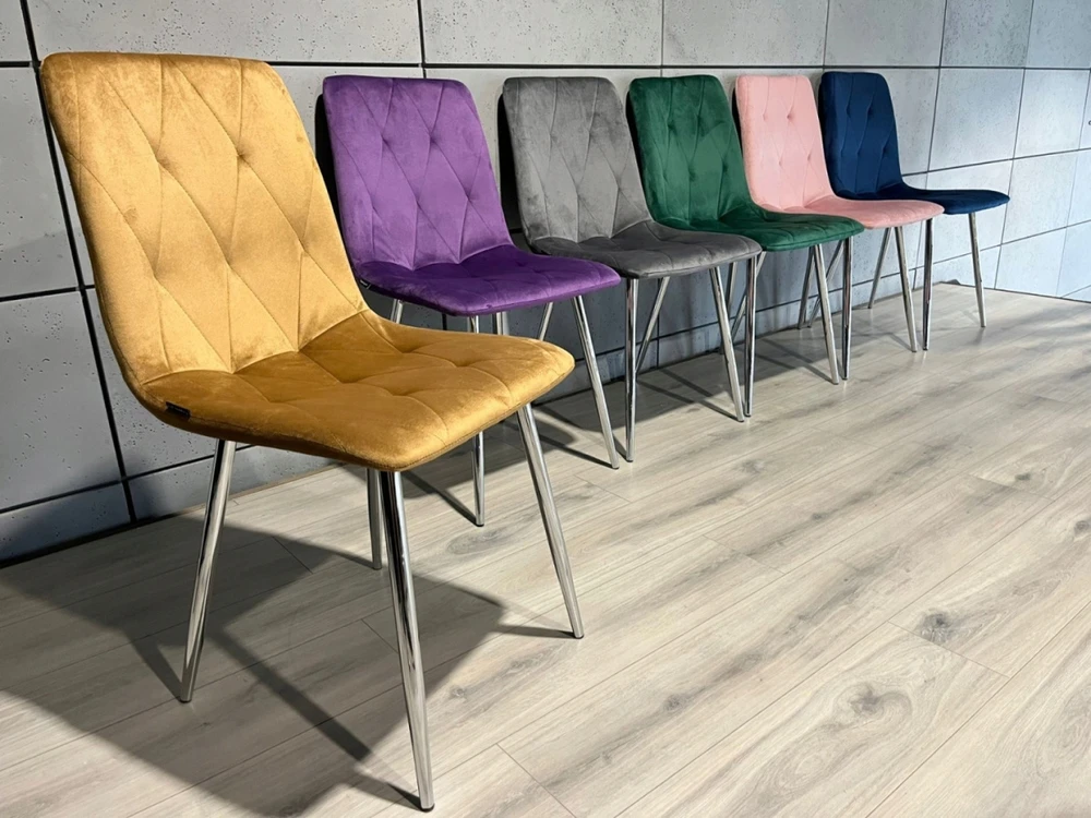 Lugano Minkštos aksominės dygsniuotos kėdės, GLAMOUR spalvos, rinkinys 4 vnt., chromas