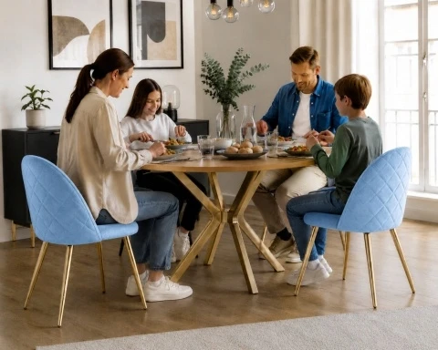 Lugano MODERNI MĖLYNA DYGTAS VELIŪRO KĖDĖ VIRTUVĖS SVETAINEI, AUKSINĖS KOJELĖS