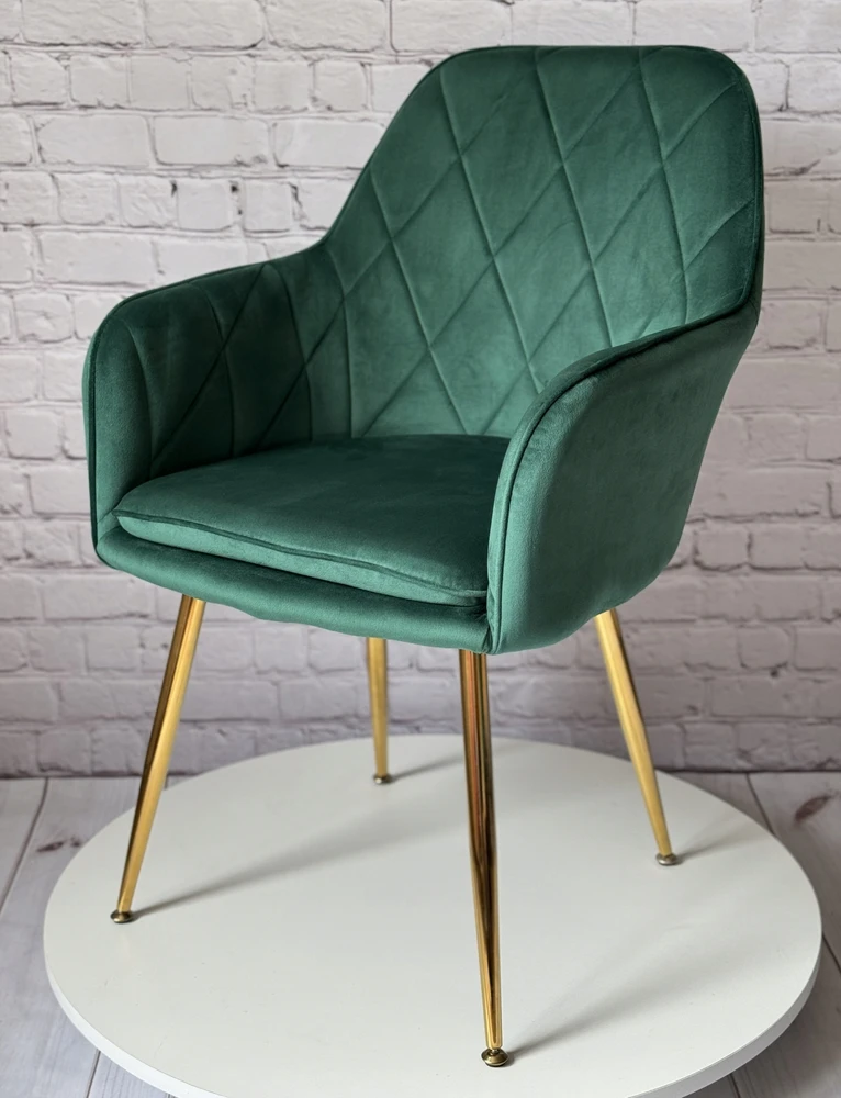 Lux Dom Furniture KĖDĖ SU PAGALVE VALGOMUI SVETAINEI VELIURAS ŽALIAS BUTELAS AUKSINĖS KOJĖLES