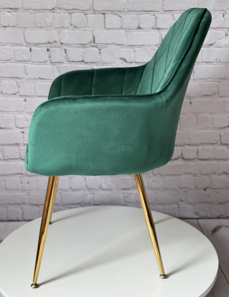 Lux Dom Furniture KĖDĖ SU PAGALVE VALGOMUI SVETAINEI VELIURAS ŽALIAS BUTELAS AUKSINĖS KOJĖLES