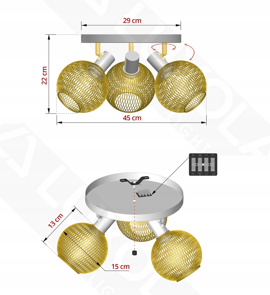 Luxolar Lampa Sufitowa Żyrandol Plafon Gold Globe 488-EG3 LED 3xE27 LED Ruchome
