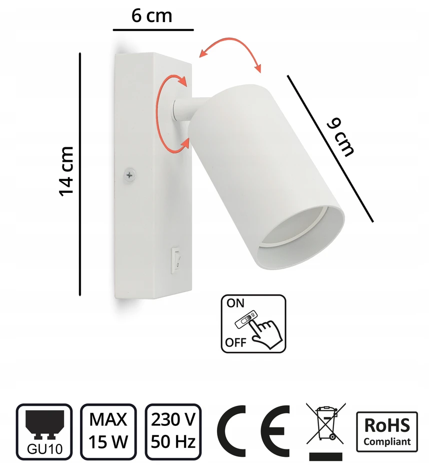 Luxolar Sieninės lempos šviestuvas su jungiklio vamzdeliu Metalinis SPOT LED GU10 Baltas