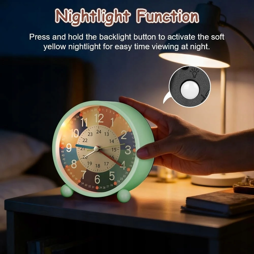 MA BUDZIK DZIECIĘCY BEZ TYKANIA KOLOROWY Z DRZEMKĄ I NOCNYM SWIATLEM 11CM