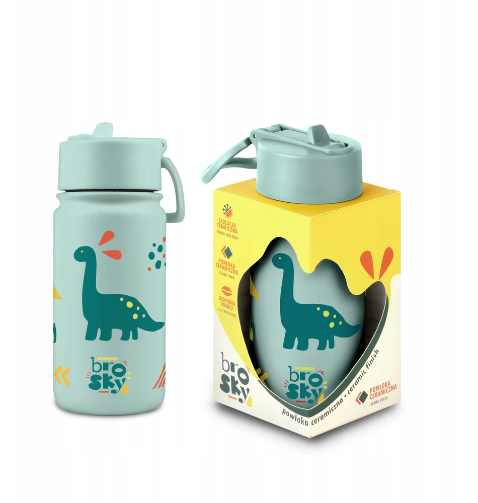 Mała butelka na wodę vaikams w dinozaury, miętowa Brosky Kids 450 ml