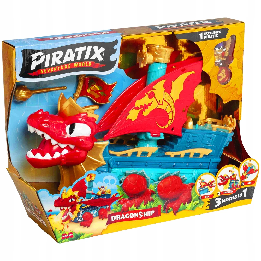 Orbico Magicbox Piratix 3 viename Drakono laivas Rinkinys Kapitonas Big Raudonasis Drakono laivas ir priedai