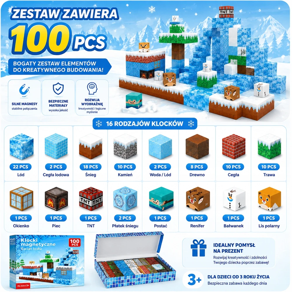 Magnetinės kaladėlės 100 vnt 3D Ledo kubelių pasaulis 3+ vaikams