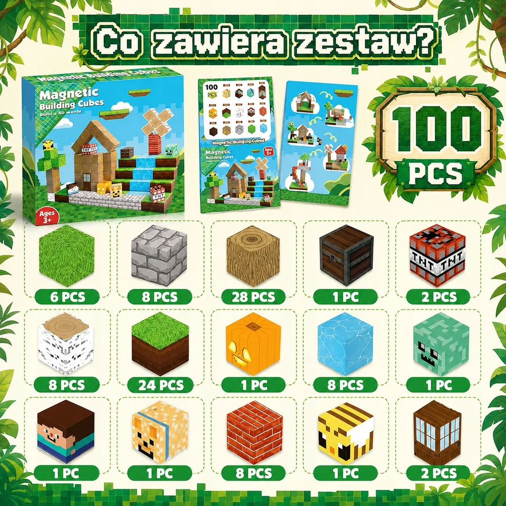 Magnetinės kaladėlės 100 vnt džiunglių 3D kubeliai vaikams 3+