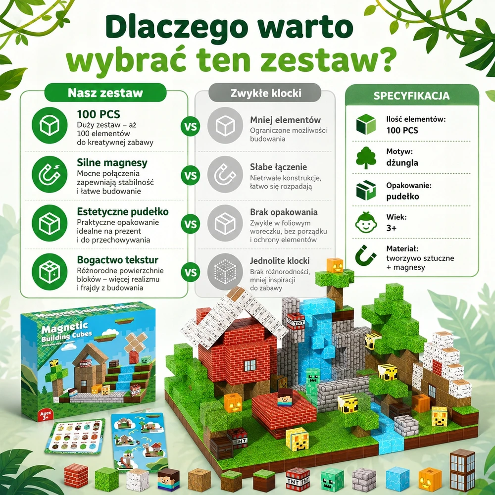 Magnetinės kaladėlės 100 vnt džiunglių 3D kubeliai vaikams 3+