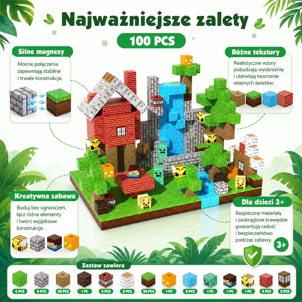 Magnetinės kaladėlės 100 vnt džiunglių 3D kubeliai vaikams 3+