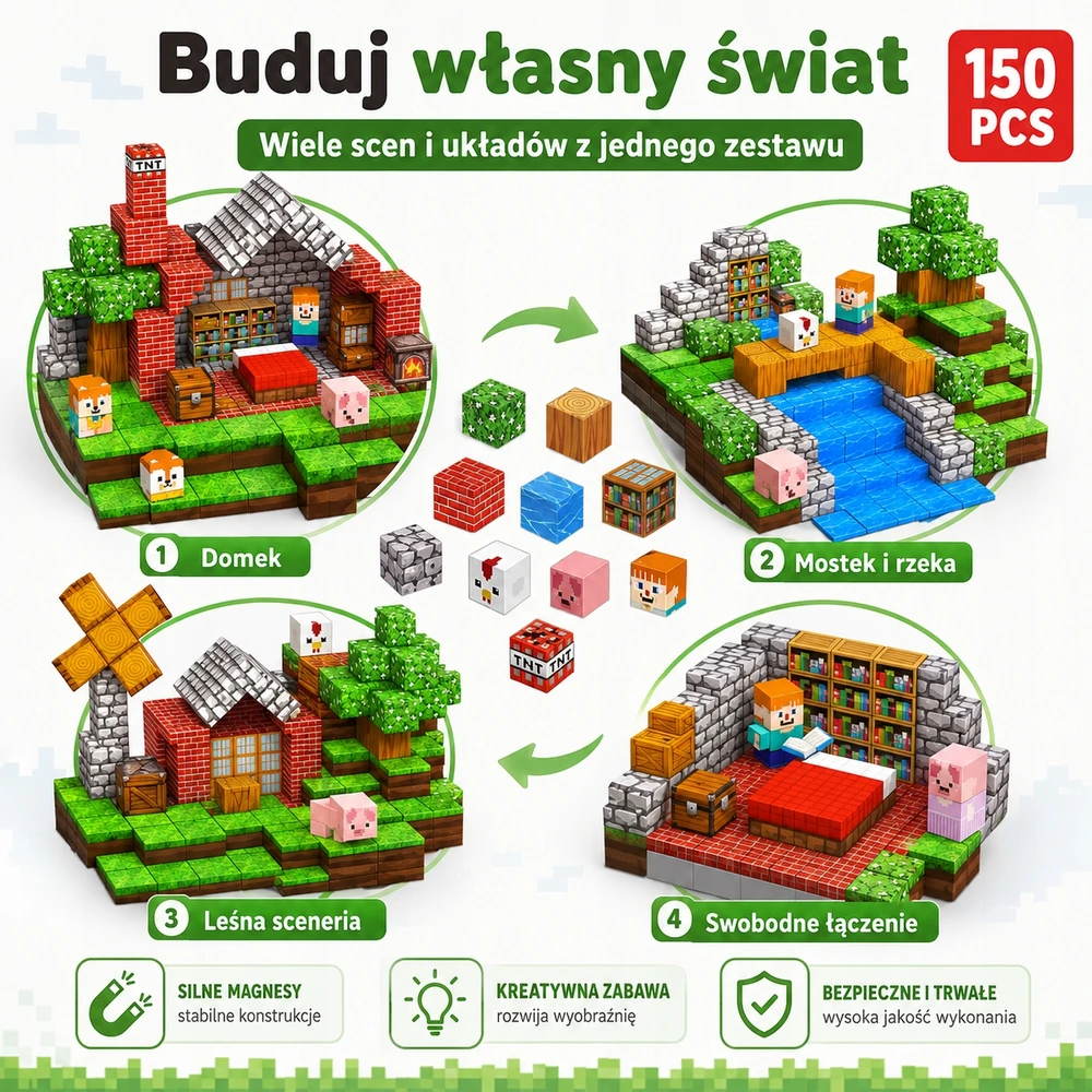 Magnetinės kaladėlės 150 vnt 3D gyvūnų namelis 3+ vaikams
