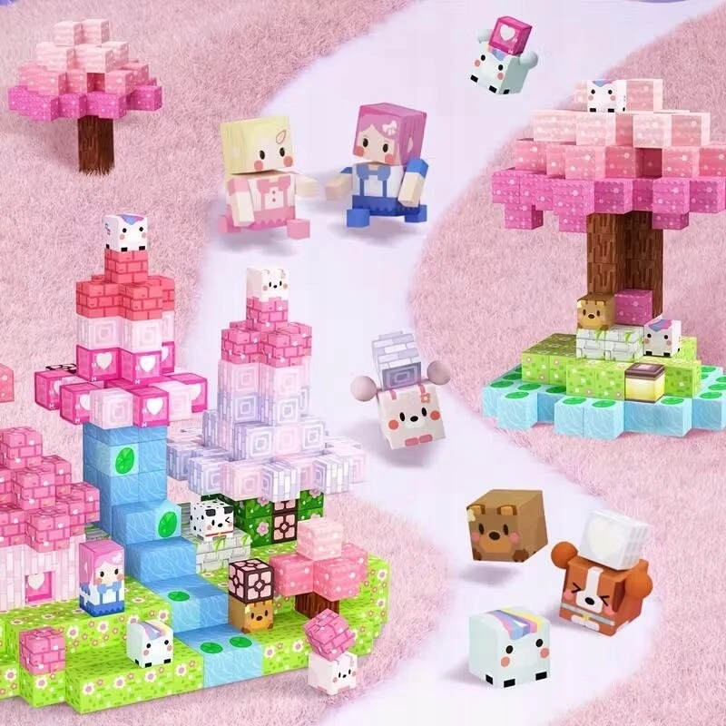 MAGNETINIAI BLOKAI PIXEL KUBAS 160 vnt + 6 ROŽINĖS FIGURINĖS MERGAITEI