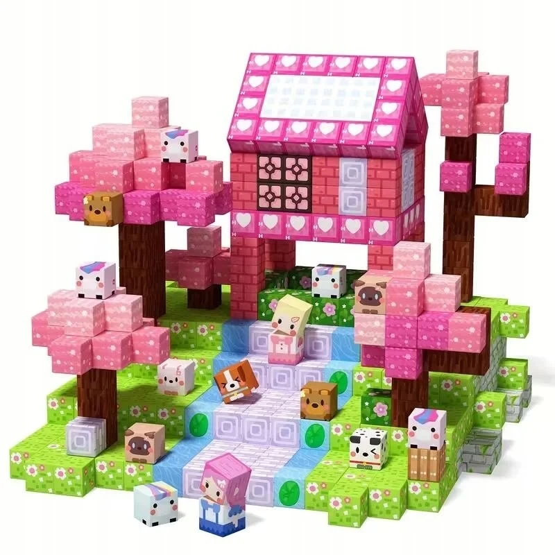 MAGNETINIAI BLOKAI PIXEL KUBAS 160 vnt + 6 ROŽINĖS FIGURINĖS MERGAITEI