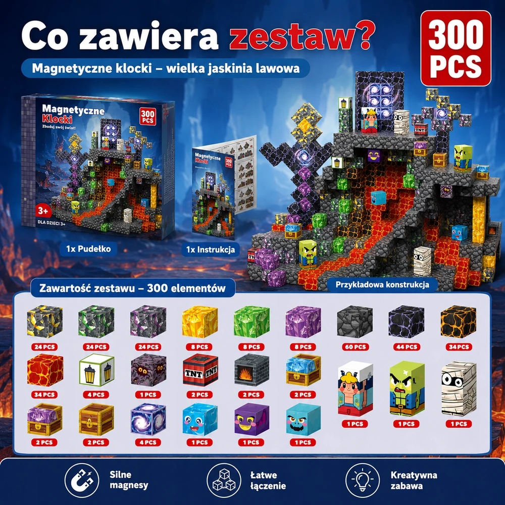 Magnetiniai blokeliai 300 vnt lavos urvas 3D kubeliai vaikams 3+