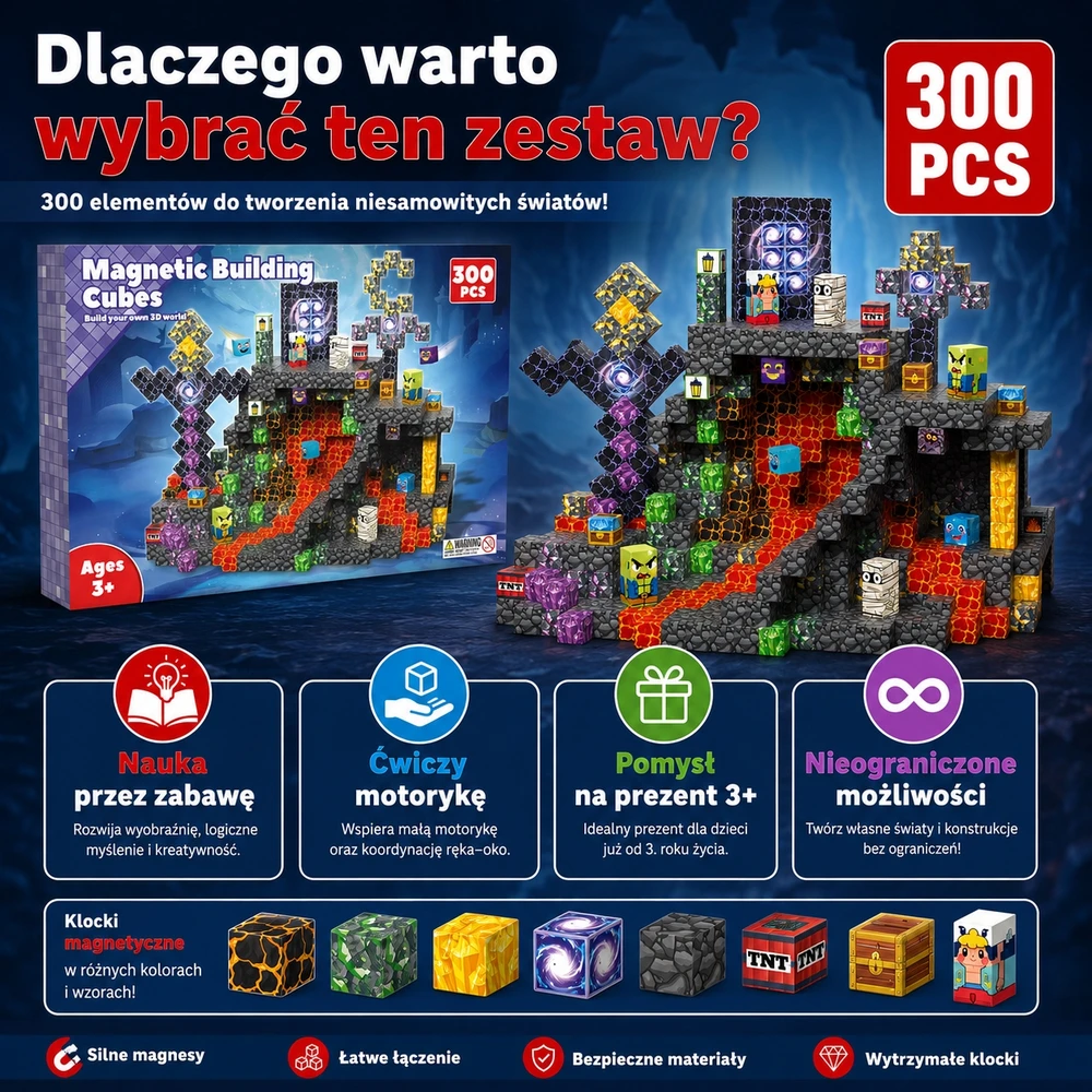 Magnetiniai blokeliai 300 vnt lavos urvas 3D kubeliai vaikams 3+
