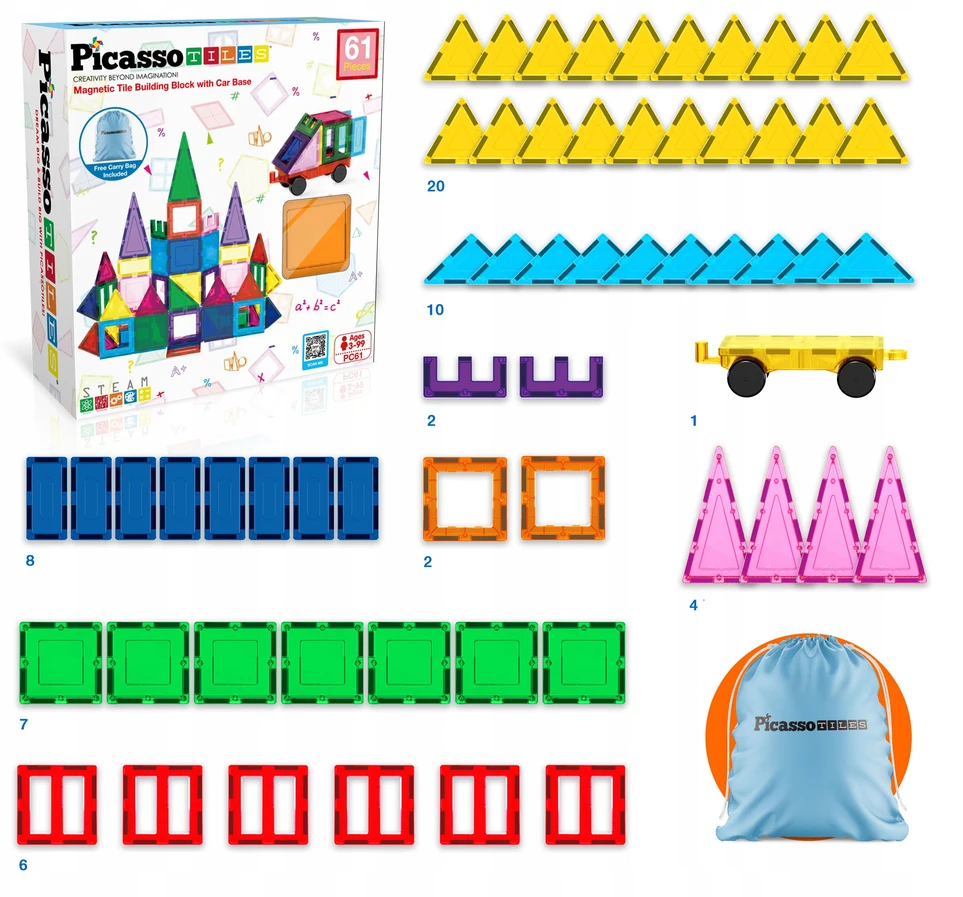 Happy Kiddo Magnetiniai blokeliai, 3D mokomieji vamzdeliai (61 elementas) PicassoTiles