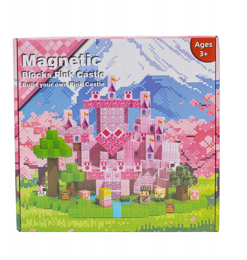 Magnetiniai blokeliai Minecraft statybiniai kubeliai kubeliai 200 vnt. rožinė