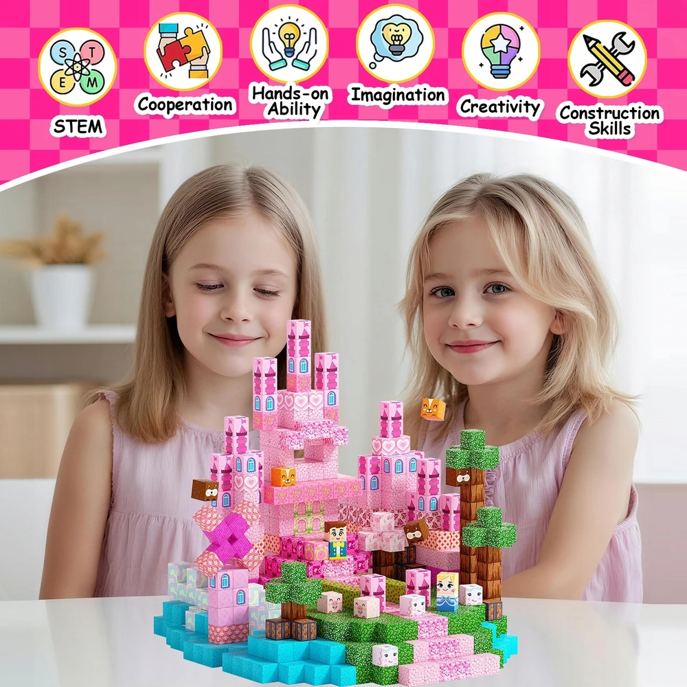 Magnetiniai blokeliai Minecraft statybiniai kubeliai kubeliai 200 vnt. rožinė