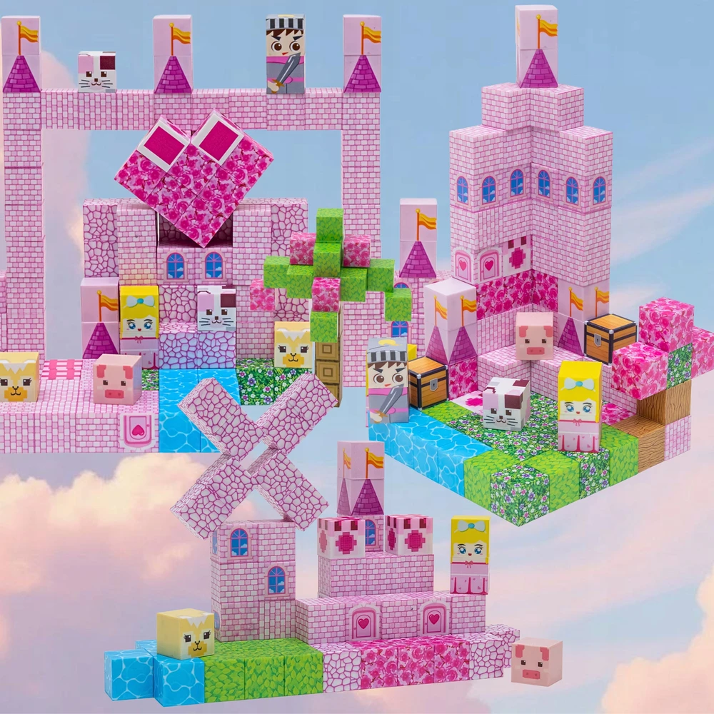 Magnetiniai blokeliai Minecraft statybiniai kubeliai kubeliai 200 vnt. rožinė