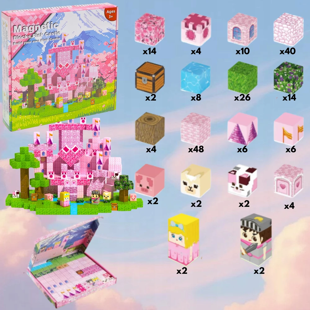 Magnetiniai blokeliai Minecraft statybiniai kubeliai kubeliai 200 vnt. rožinė