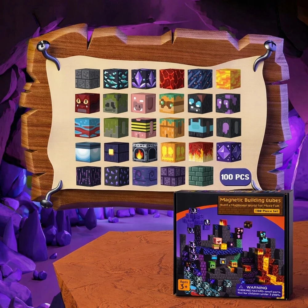 MAGNETINIŲ BLOKŲ RINKINYS 100 EL. CAVE WORLD MAJNCRAFTT 100 VNT LAVA
