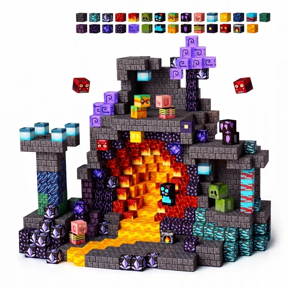 MAGNETINIŲ BLOKŲ RINKINYS 100 EL. CAVE WORLD MAJNCRAFTT 100 VNT LAVA