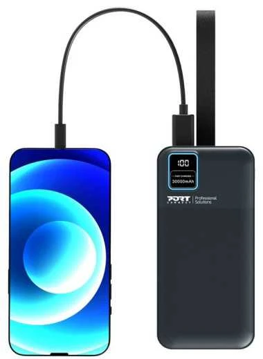 PORT CONNECT Išorinis USB-C akumuliatorius su integruota lempute | 30000 mAh | Mėlyna