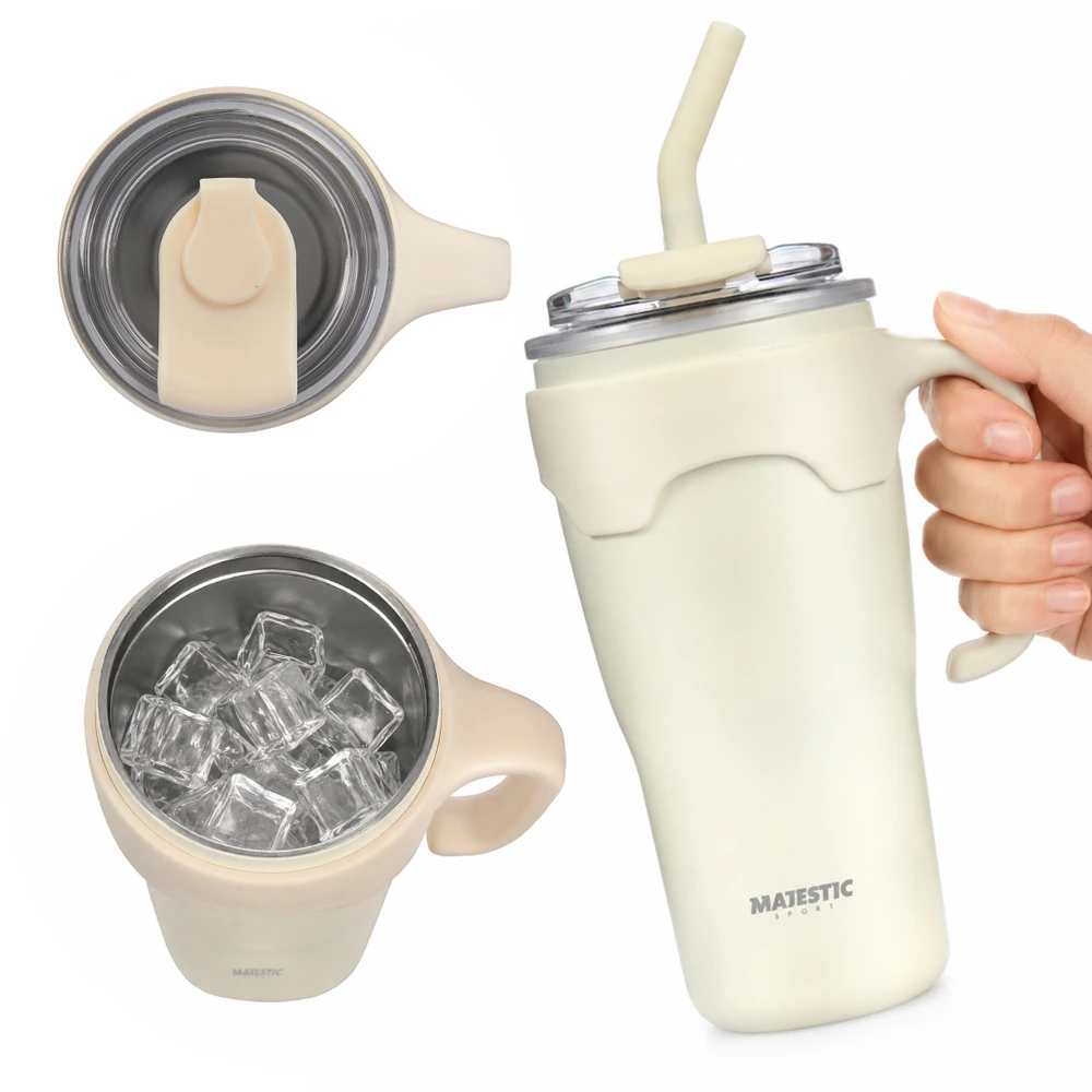 Majestic Sport Terminis kelioninis puodelis su šiaudiniu snapeliu, didele rankena kavai, plieno, 650 ml