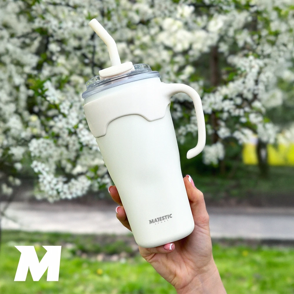 Majestic Sport Terminis kelioninis puodelis su šiaudiniu snapeliu, didele rankena kavai, plieno, 650 ml