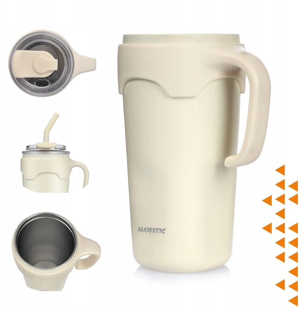 Majestic Sport Terminis kelioninis puodelis su šiaudiniu snapeliu, didele rankena kavai, plieno, 650 ml