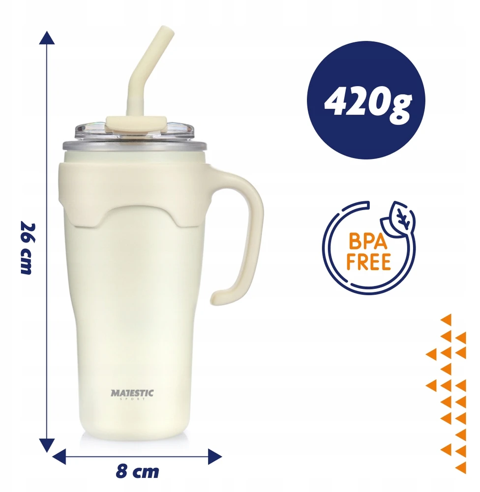 Majestic Sport Terminis kelioninis puodelis su šiaudiniu snapeliu, didele rankena kavai, plieno, 650 ml