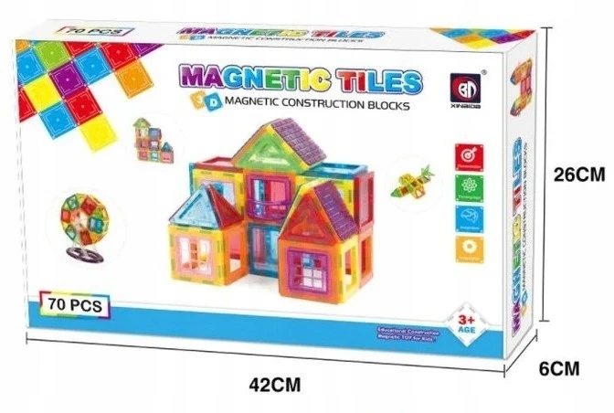 MALLE DIDŽIŲJŲ MAGNETINIŲ KONSTRUKCINIŲ BLOKŲ RINKINYS 3D MAGNETINĖS PLYTELĖS PLOKŠTELĖS 70 EL