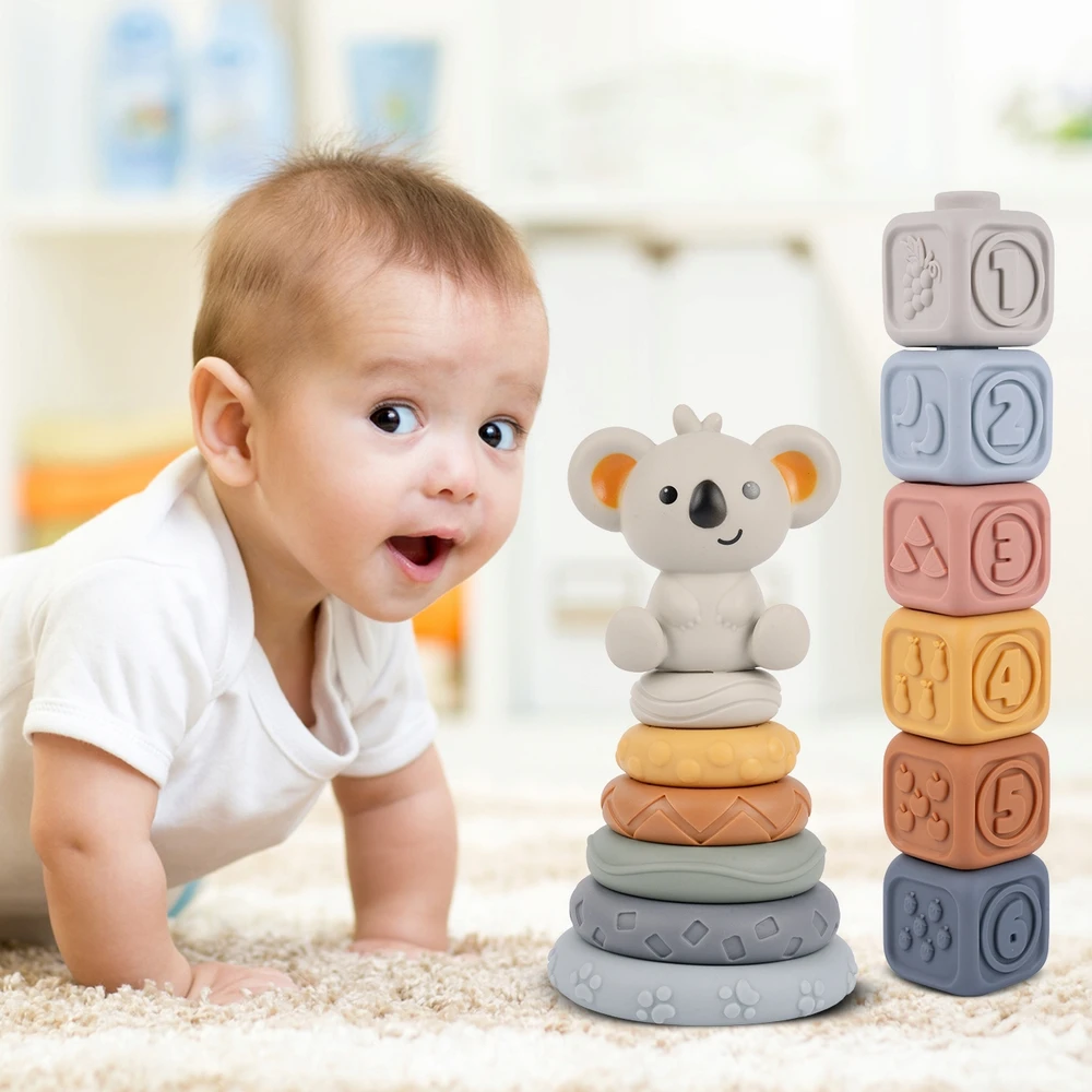 MALLE SENSORY GUMINIAI BLOKAI SOFT CREATIVE MONTESSORI TOWER PYRAMID 13 EL